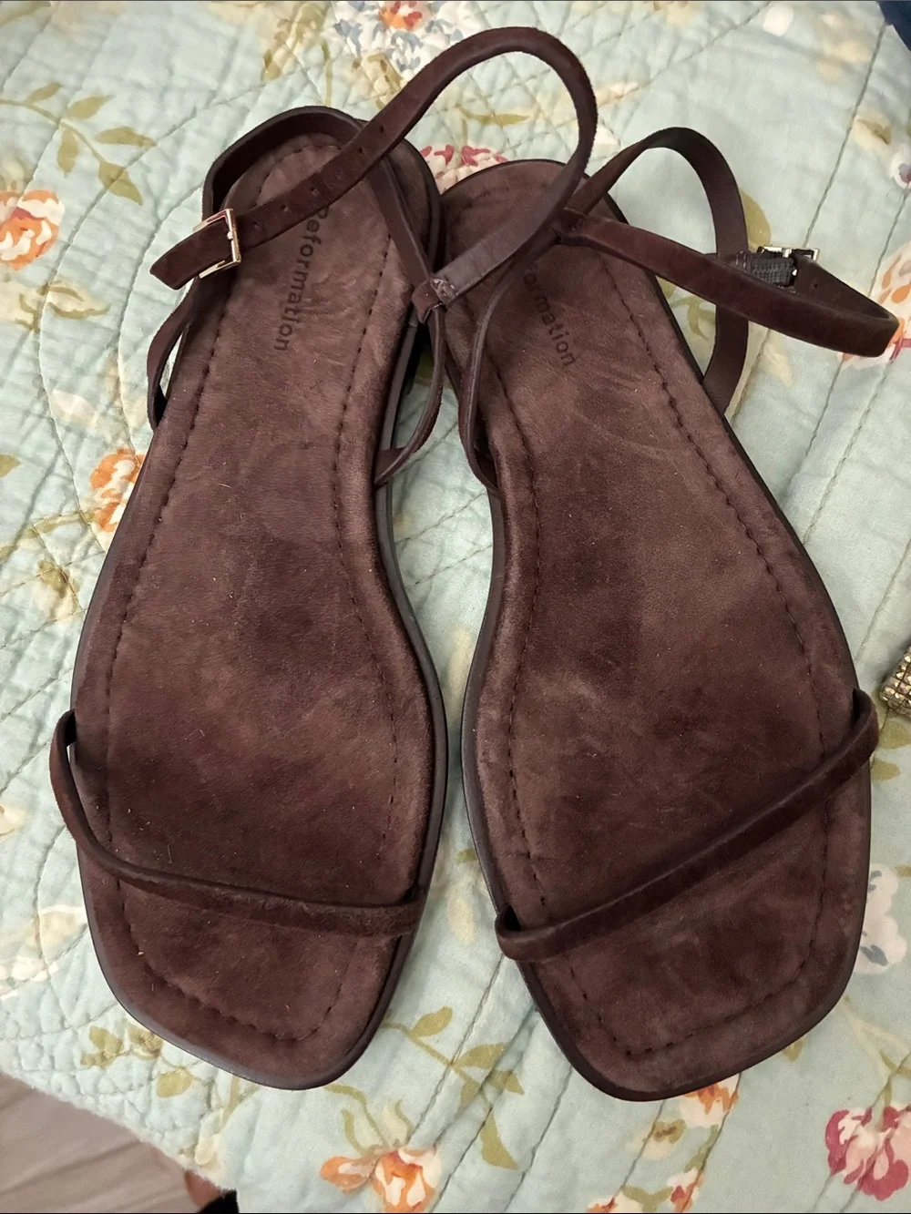 Reformation Chocolate Brown Suede Strappy Square-Toe Sandals